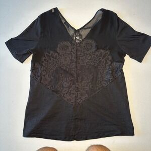 Sandro Paris Lace Top Womens 2 Black V Neck Back Detail Short Sleeve Floral Flow